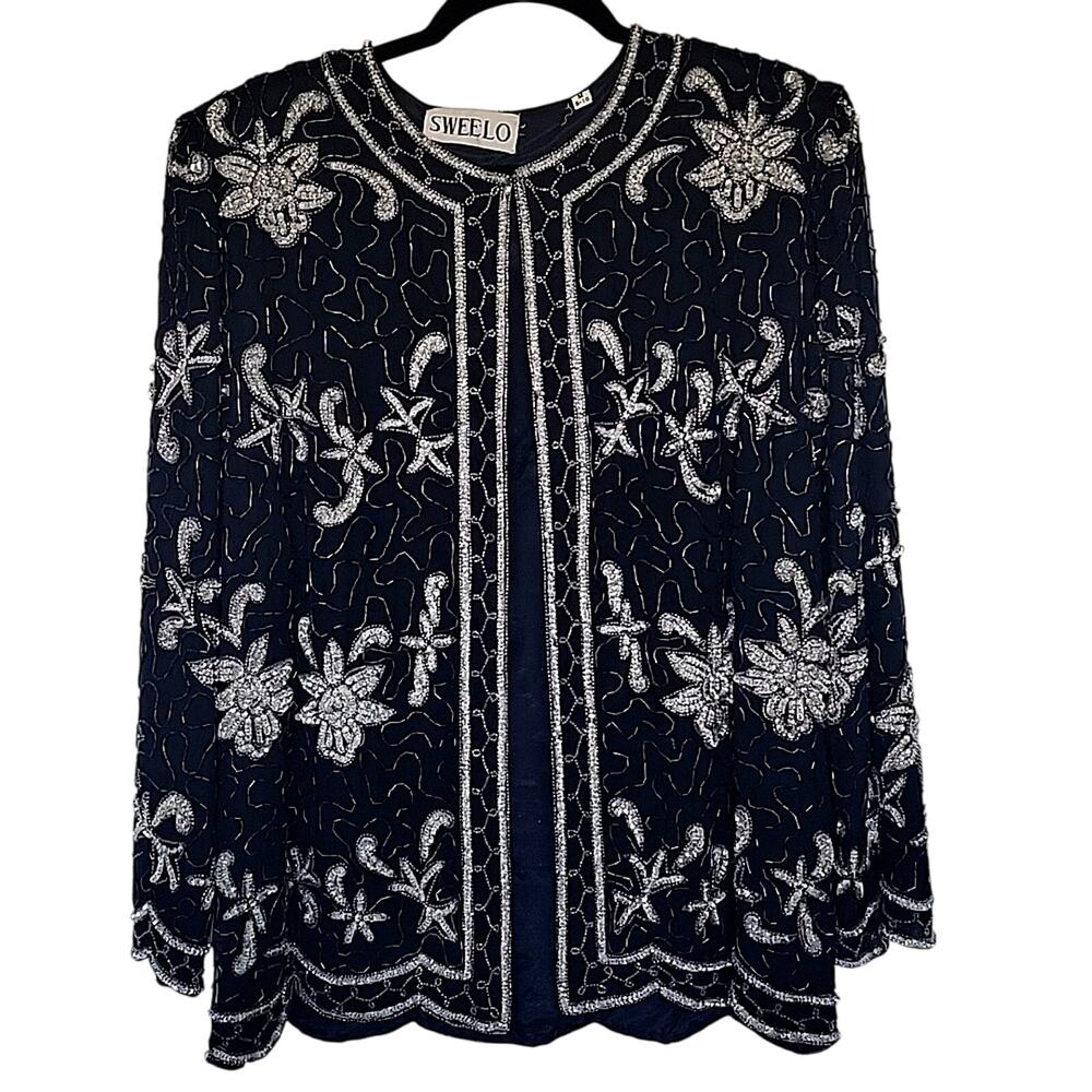 Vintage Swee Lo 80s Blue and Silver Silk and Sequin Swirls Jacket, M